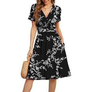 Weaczzy Floral Faux Wrap Dress Womens 2XL Short Sleeve Black White Fairygoth NEW